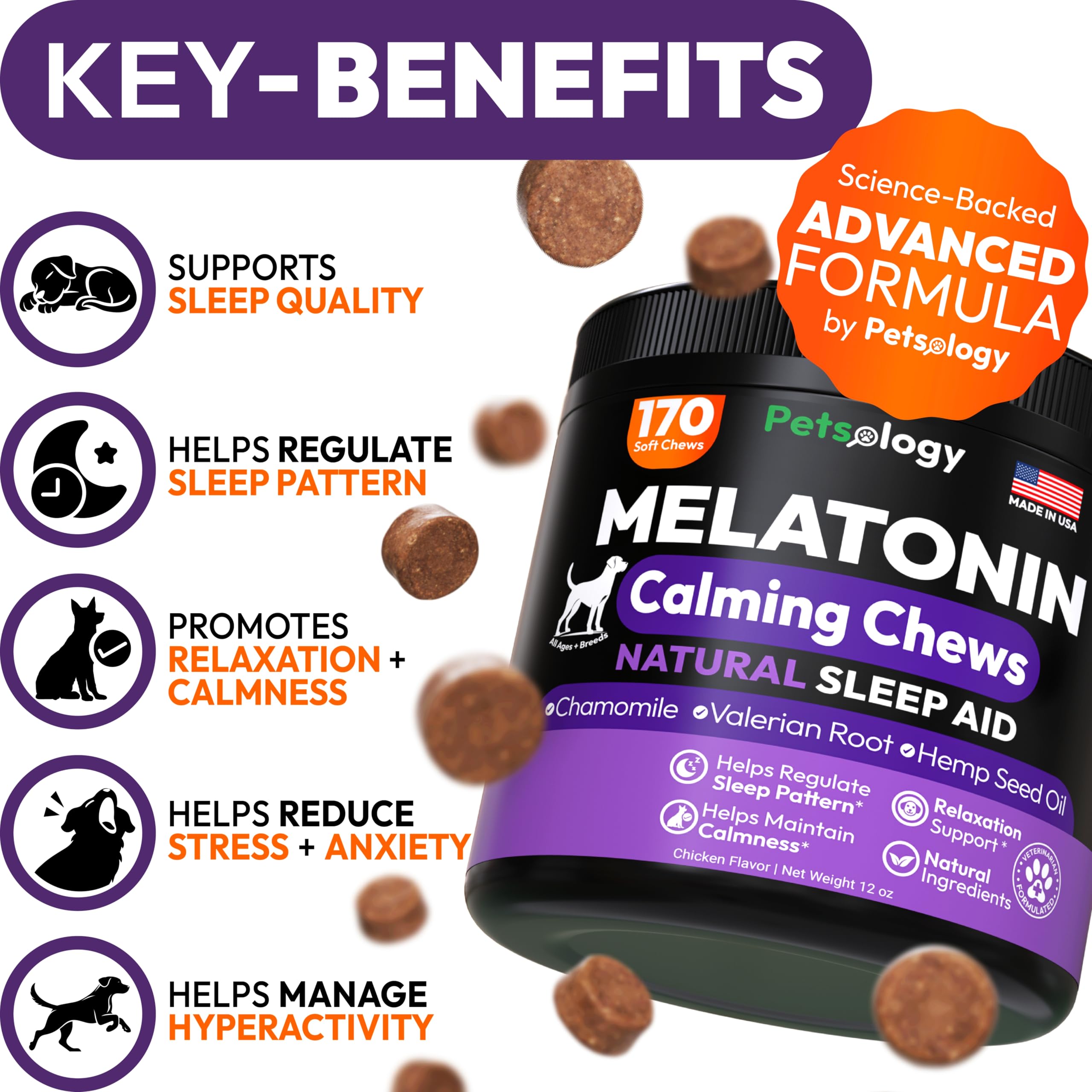 Petsology melatonin dog chews close-up showing hemp blend for nighttime calm