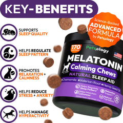Petsology melatonin dog chews close-up showing hemp blend for nighttime calm