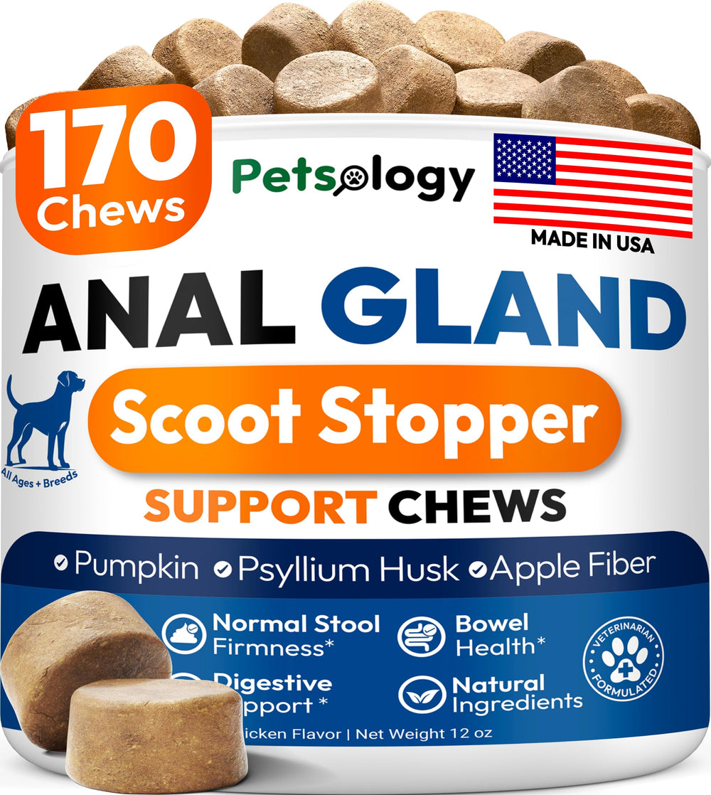 Petsology Anal Gland Support Chews front-pack; highlights brand and product for gut health.