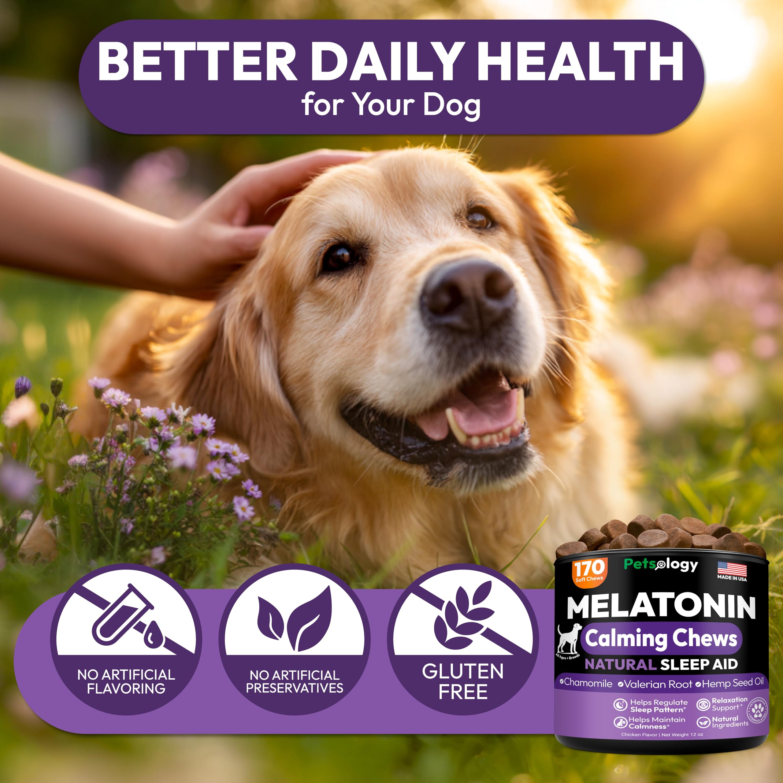 Petsology bottle labeled Made in USA with FDA-registered facilities