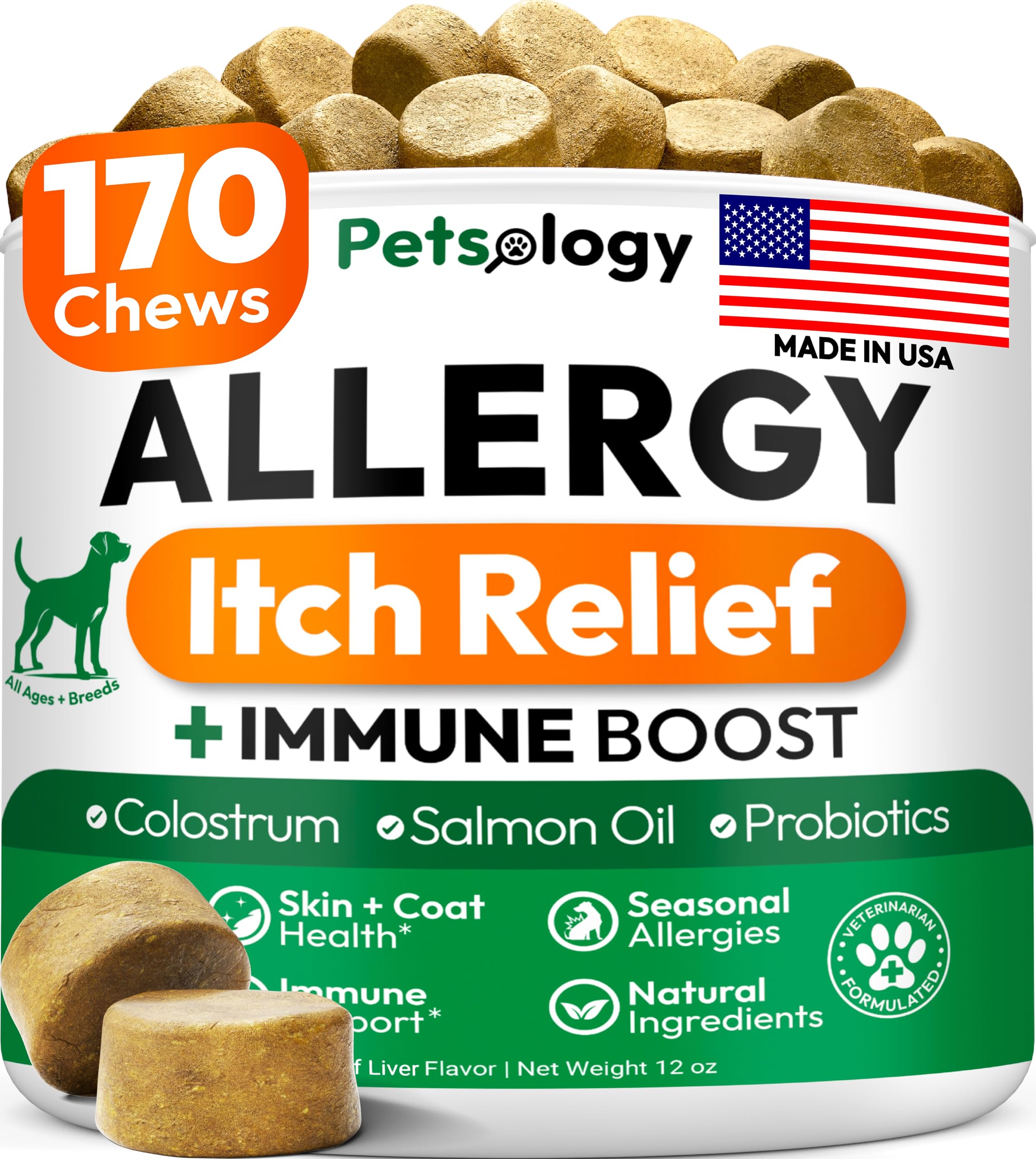 Petsology Dog Allergy Relief Chews label view highlighting branding and product purpose