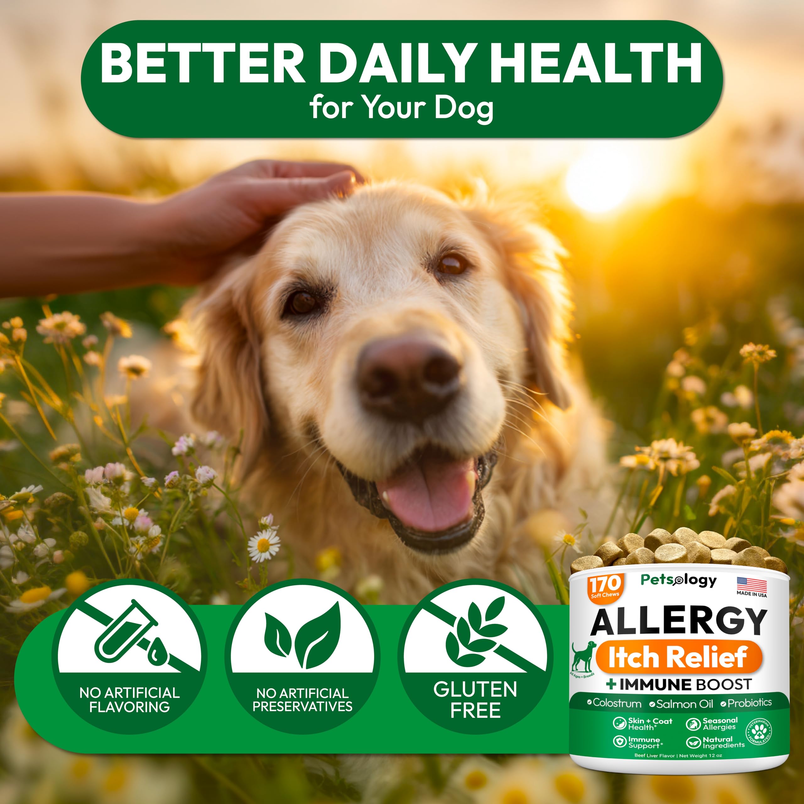 Petsology Dog Allergy Relief Chews packaging back with ingredients and safety notes