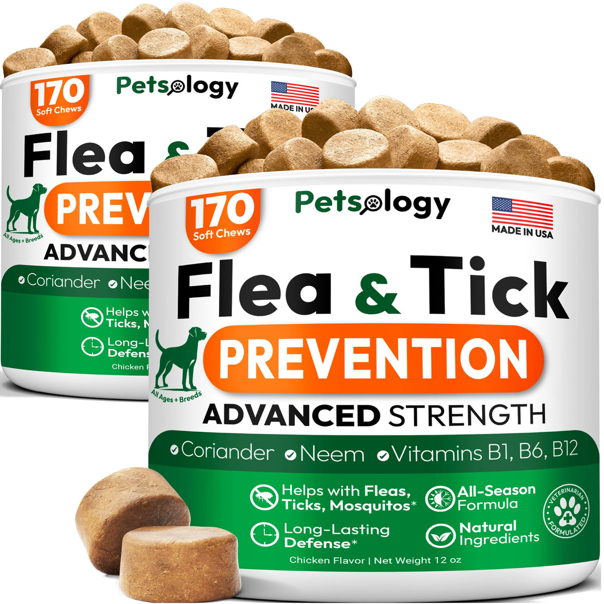 Petsology dog flea tick chews bottle close-up showing easy administration.