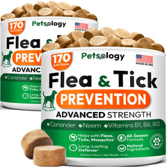Petsology dog flea tick chews bottle close-up showing easy administration.