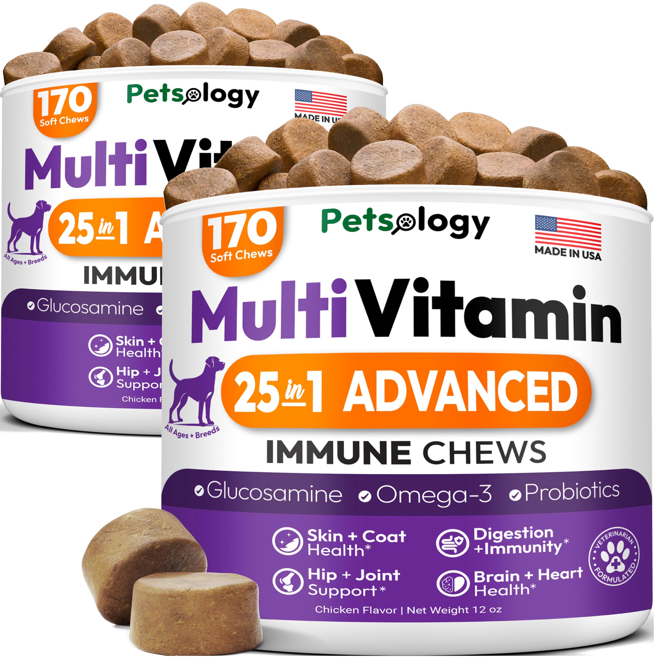 Petsology dog multivitamin chewables bottle front shows potential joint support