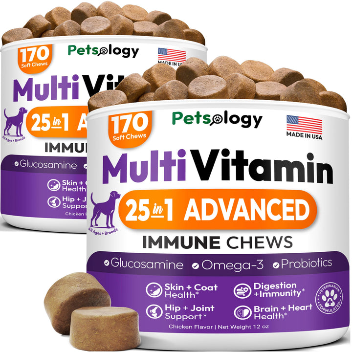 Petsology dog multivitamin chewables bottle front shows potential joint support