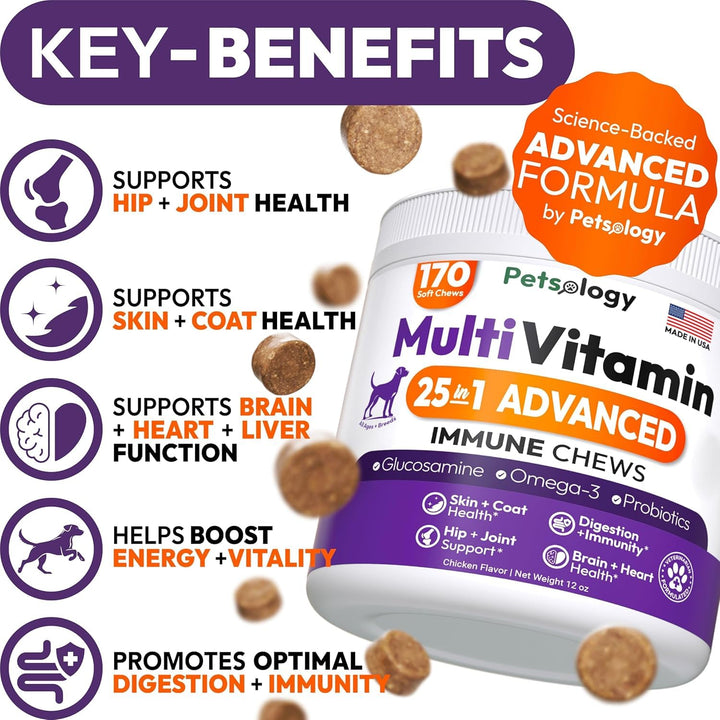Petsology dog multivitamin chewables bottle side highlights immune support possibilities