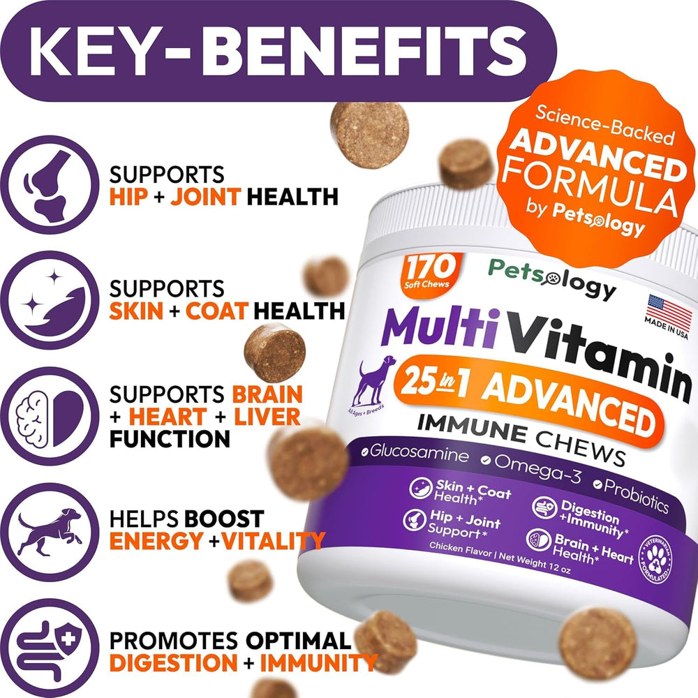 Petsology dog multivitamin chewables bottle side highlights immune support possibilities