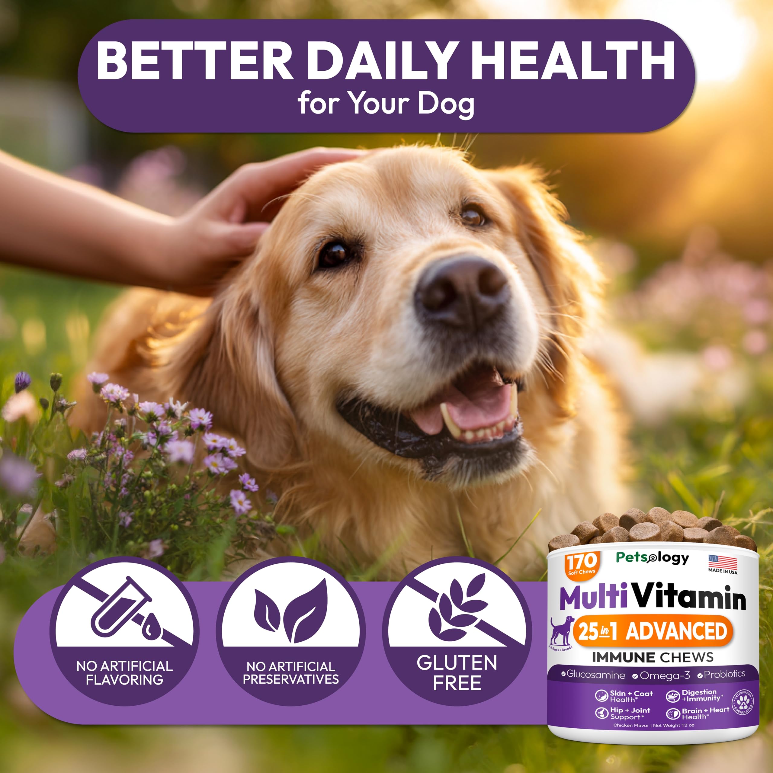 Petsology dog multivitamin chewables ingredients label for transparency