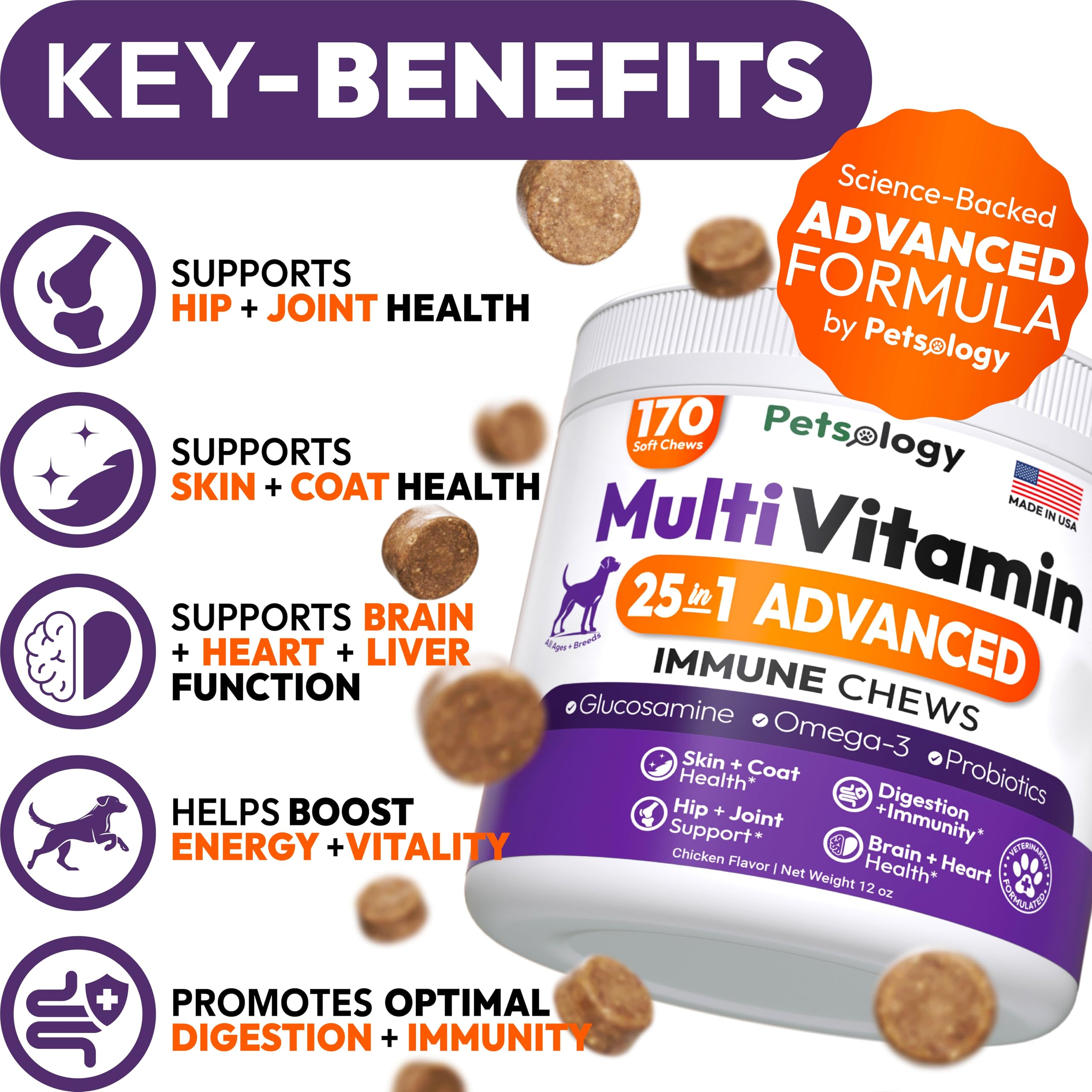 Petsology dog multivitamin packaging front highlighting 25-in-1 formula