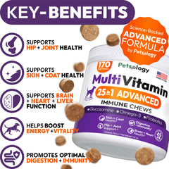 Petsology dog multivitamin packaging front highlighting 25-in-1 formula