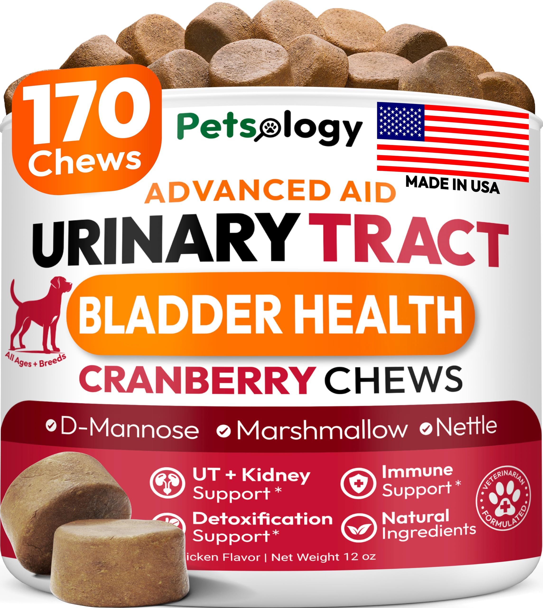 Petsology Dog UTI Chews bottle front — supports urinary tract health with cranberry and D-Mannose.