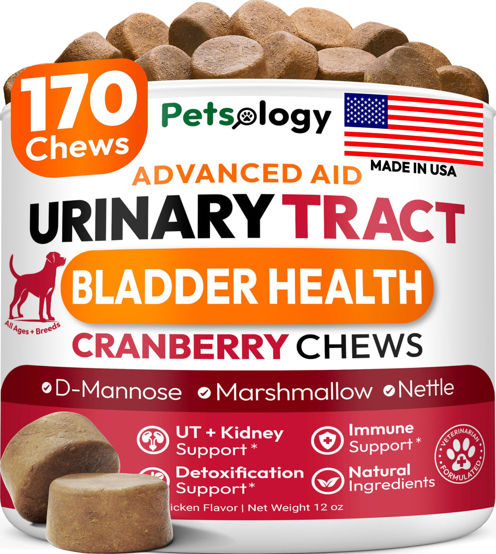 Petsology Dog UTI Chews bottle front — supports urinary tract health with cranberry and D-Mannose.