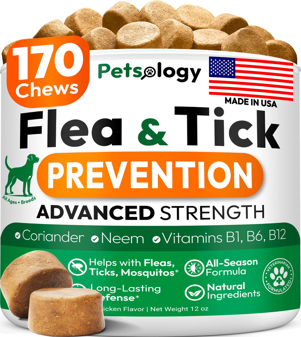 Petsology flea and tick pills bottle demonstrates easy daily protection for dogs.