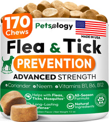Petsology flea and tick pills bottle demonstrates easy daily protection for dogs.