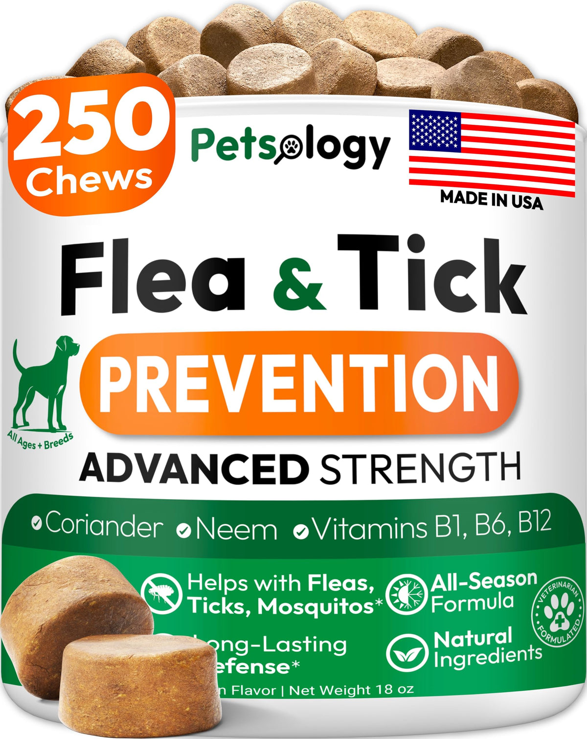 Petsology flea tick prevention pills for dogs in a bottle providing easy, year-round protection.