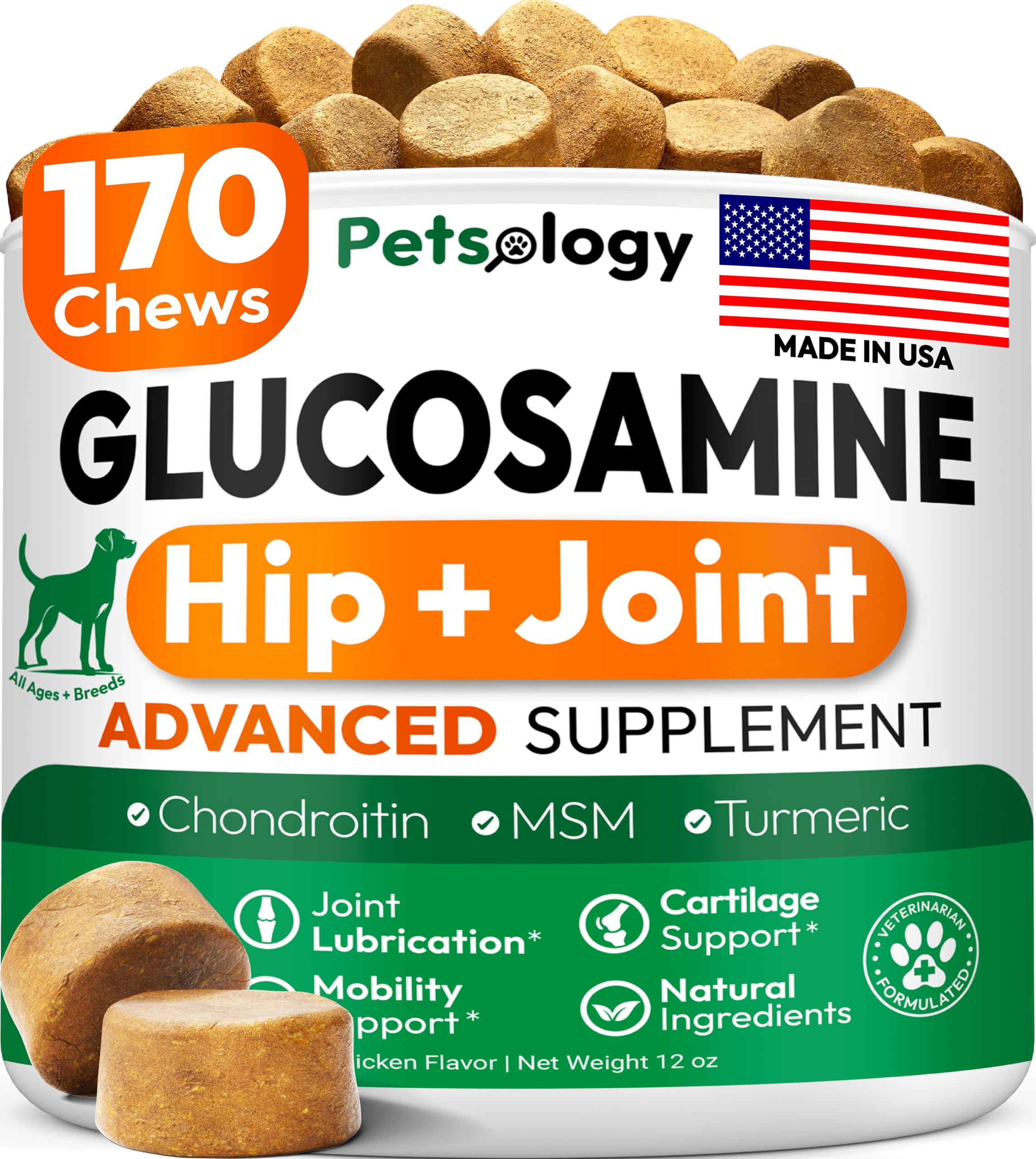 Petsology Glucosamine for Dogs bottle close-up showing joint support for active pets.
