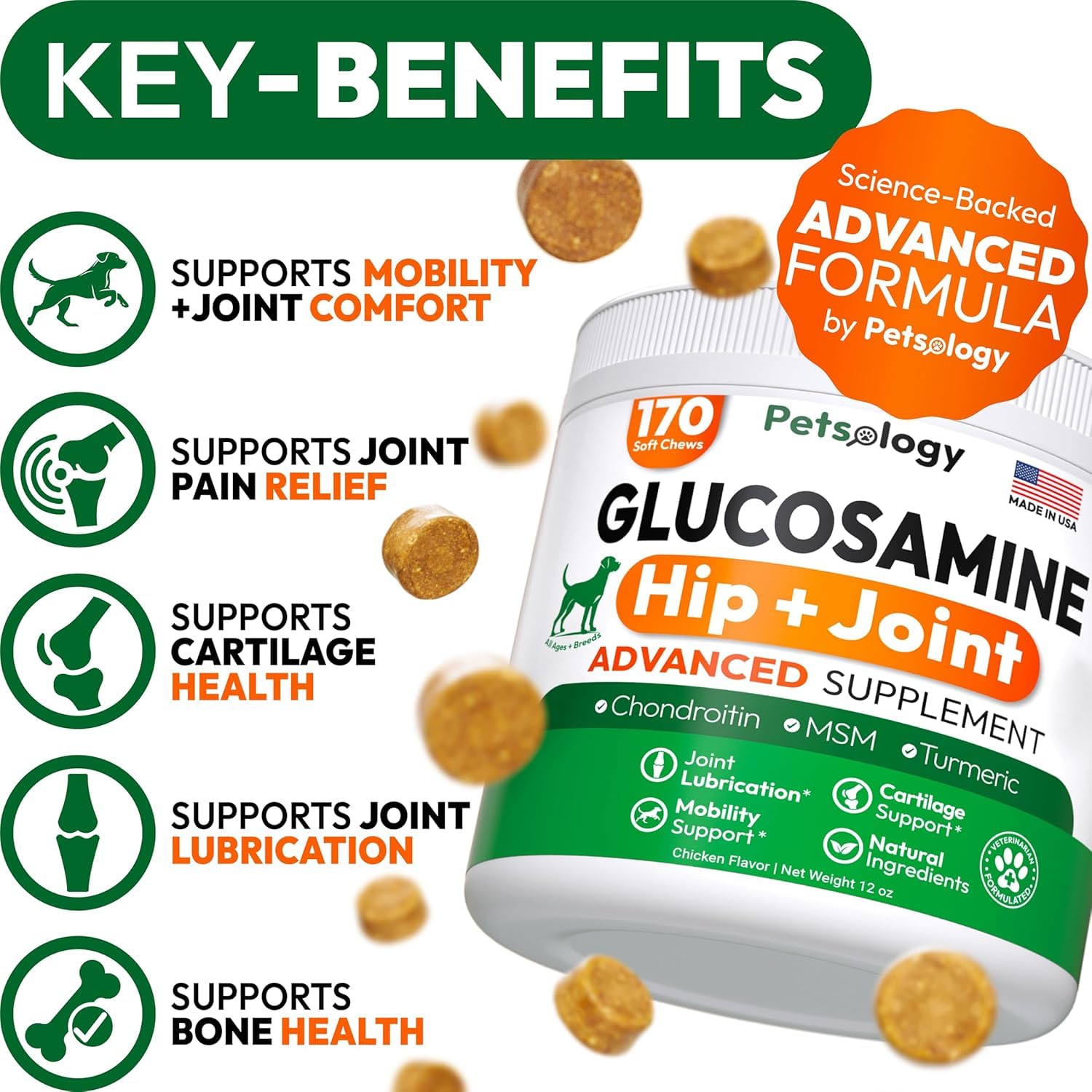 Petsology Glucosamine for Dogs bottle label showing USA-made quality for hip and joint care