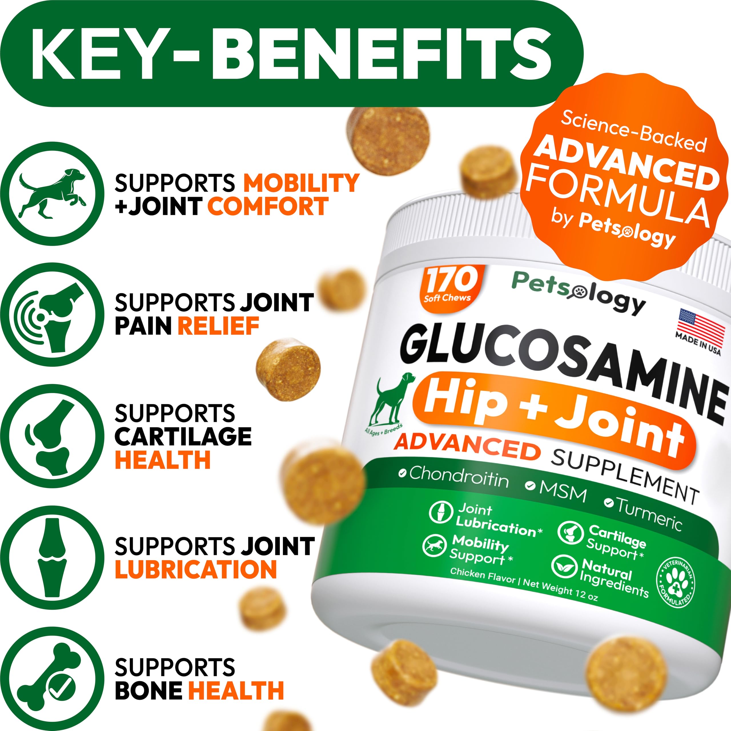 Petsology Glucosamine for Dogs chews close-up highlighting texture and palatability.