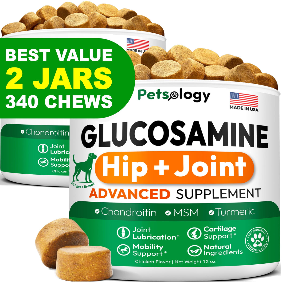 Petsology Glucosamine for Dogs front-pack shot highlighting joint support for mobility