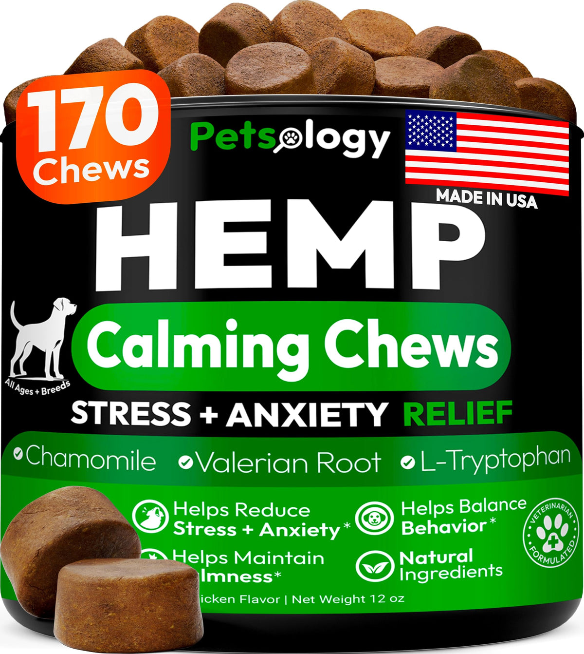 Petsology Hemp Calming Chews packshot for calm dog relief