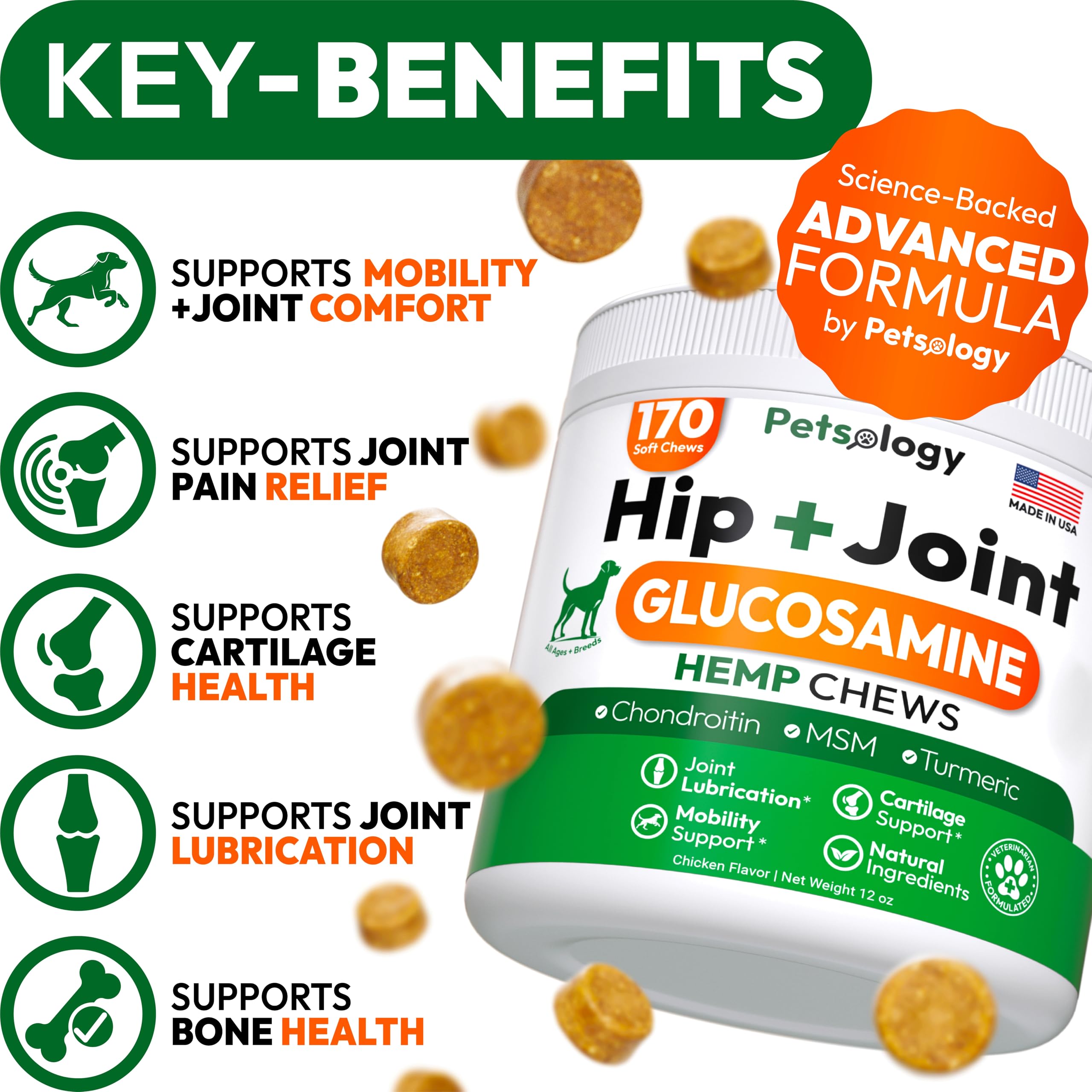 Petsology hemp hip and joint chews packaging with label