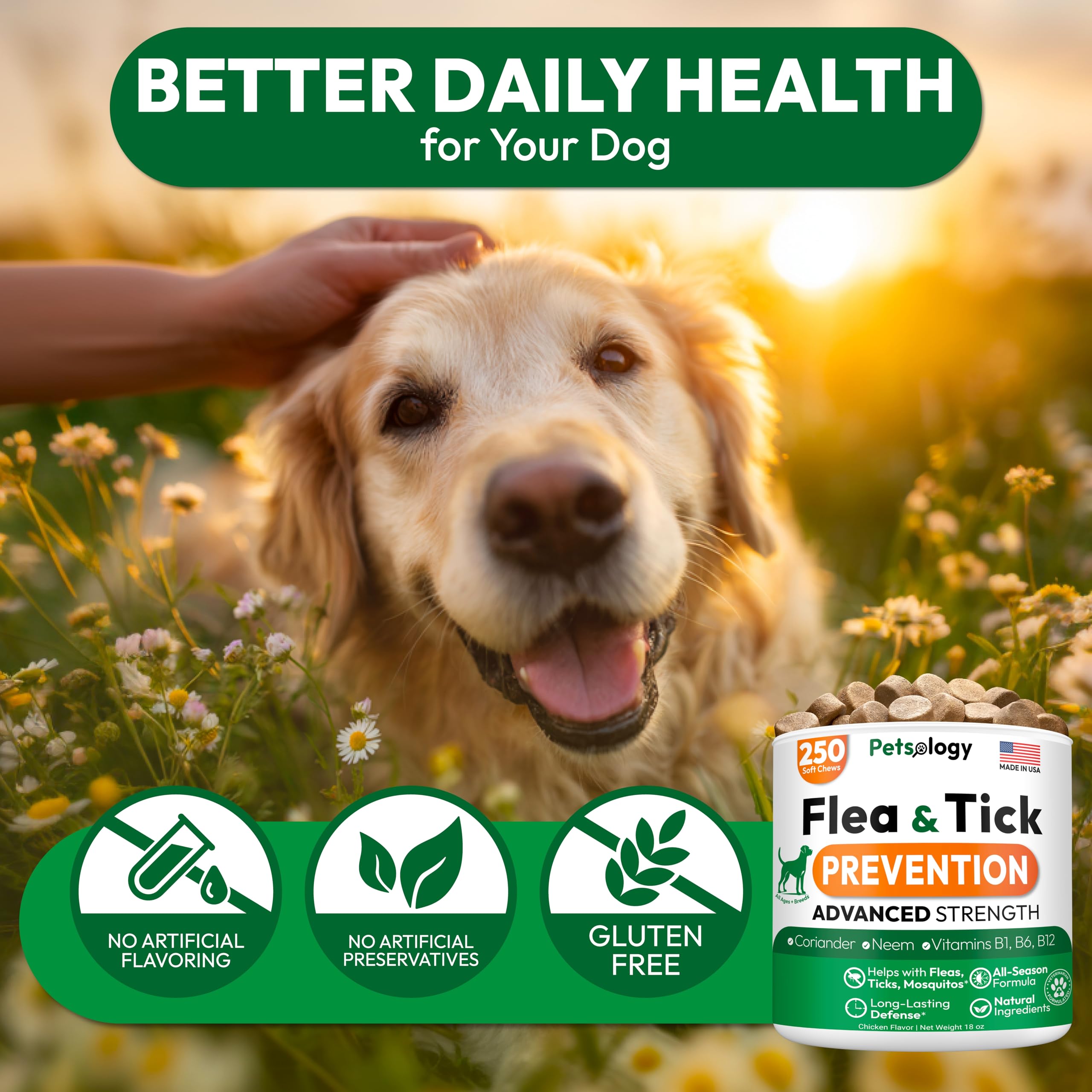 Petsology USA-made facility badge on packaging for quality.