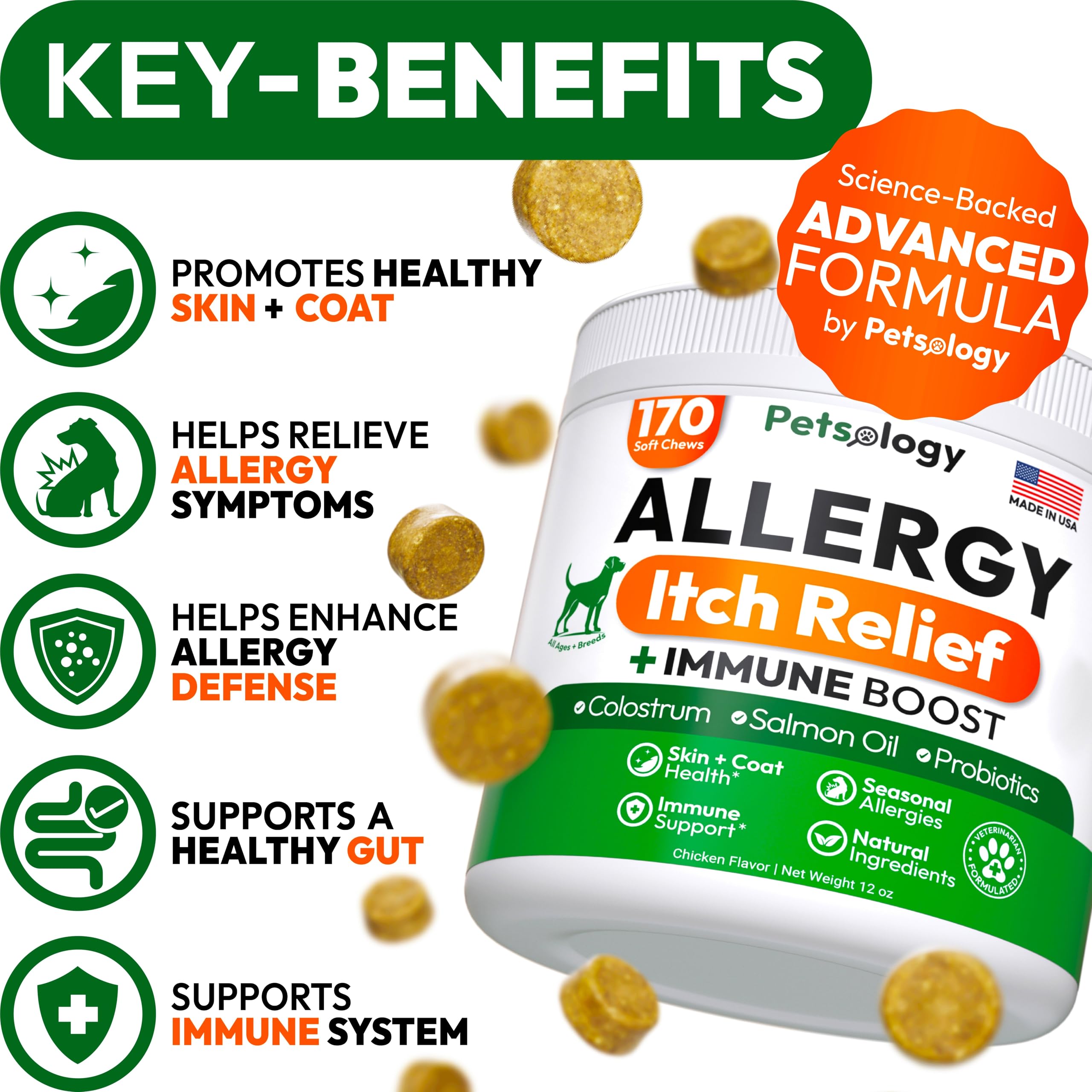 Petsology Omega-3 fish oil and probiotics support skin health and immunity.