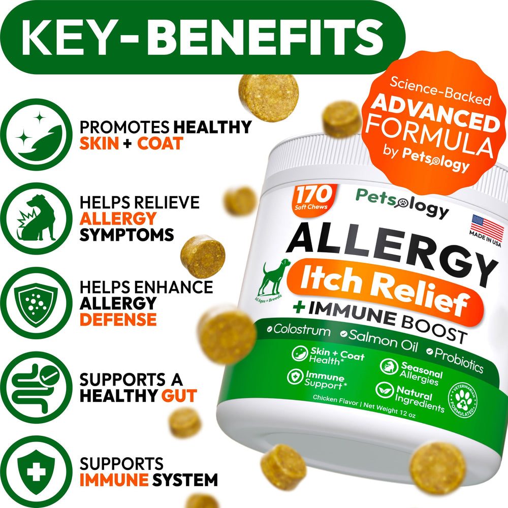 Petsology Omega-3 fish oil and probiotics support skin health and immunity.