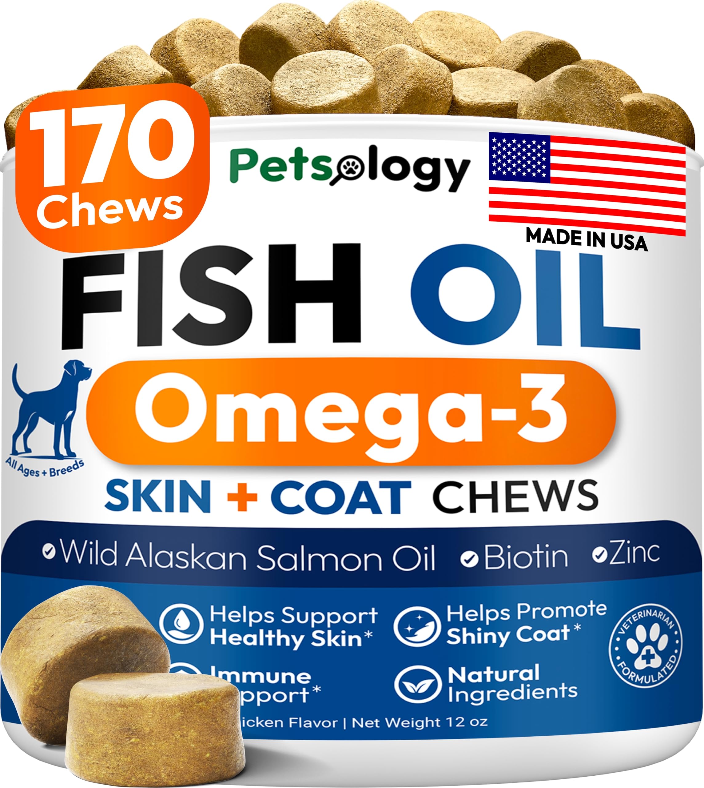 Petsology Omega 3 for Dogs chews in bottle promote healthy skin and coat.