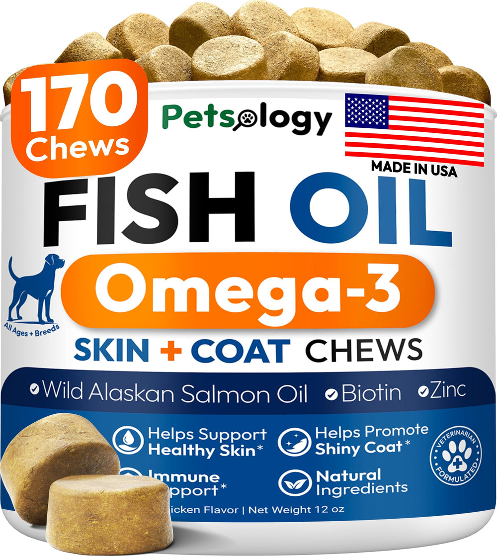Petsology Omega 3 for Dogs chews in bottle promote healthy skin and coat.