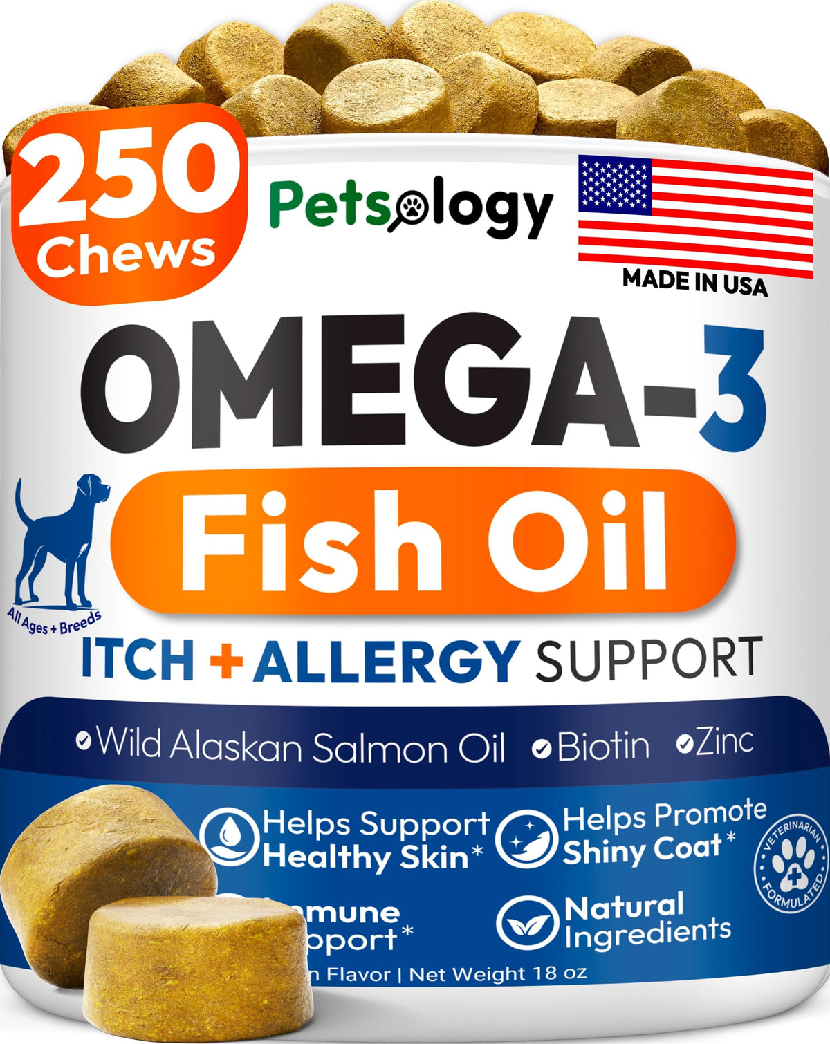 Petsology Omega 3 for Dogs bottle-front shows premium chews for skin and coat support