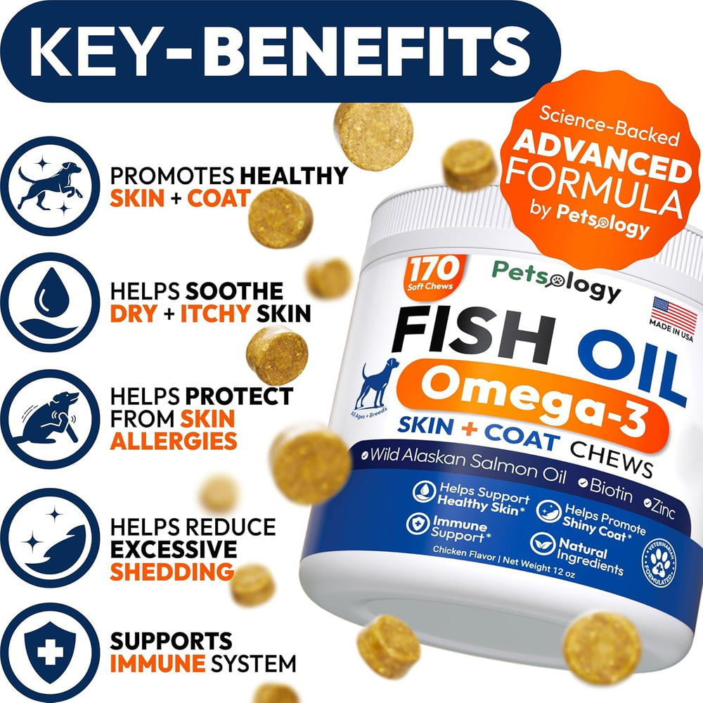Petsology Omega 3 for Dogs chews support a glossy coat.