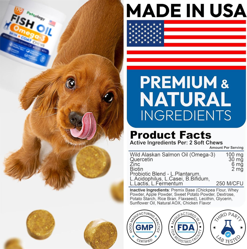 Petsology Omega 3 for Dogs packaging from USA facility.