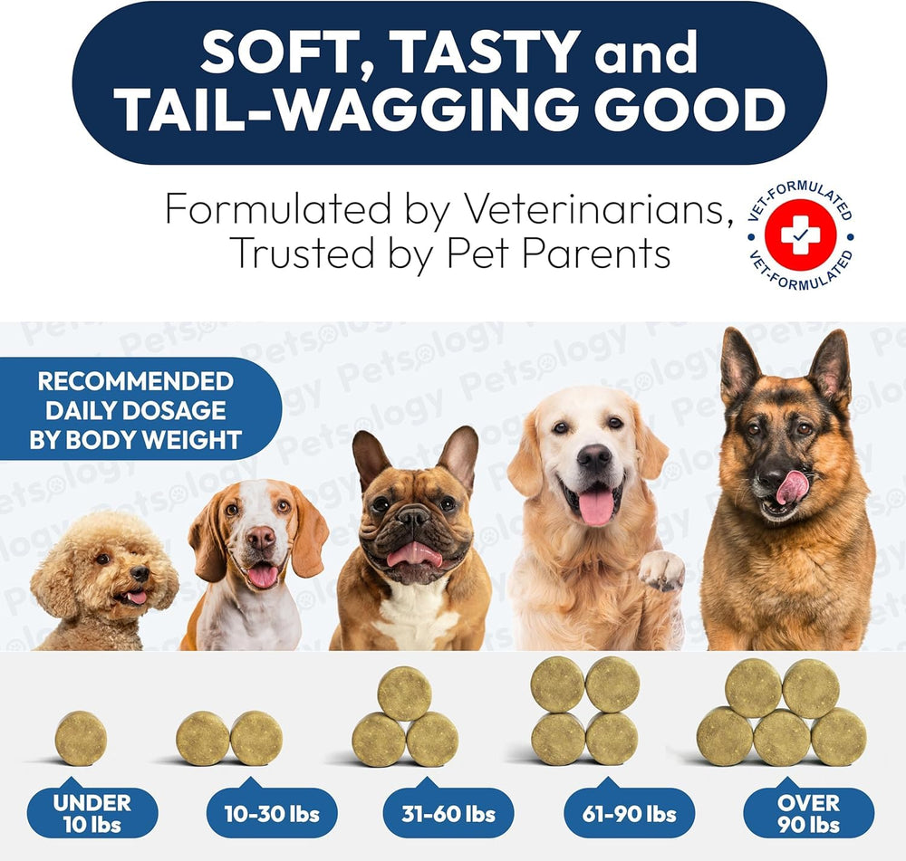 Petsology Omega 3 veterinarian-formulated dog chews for premium absorption.