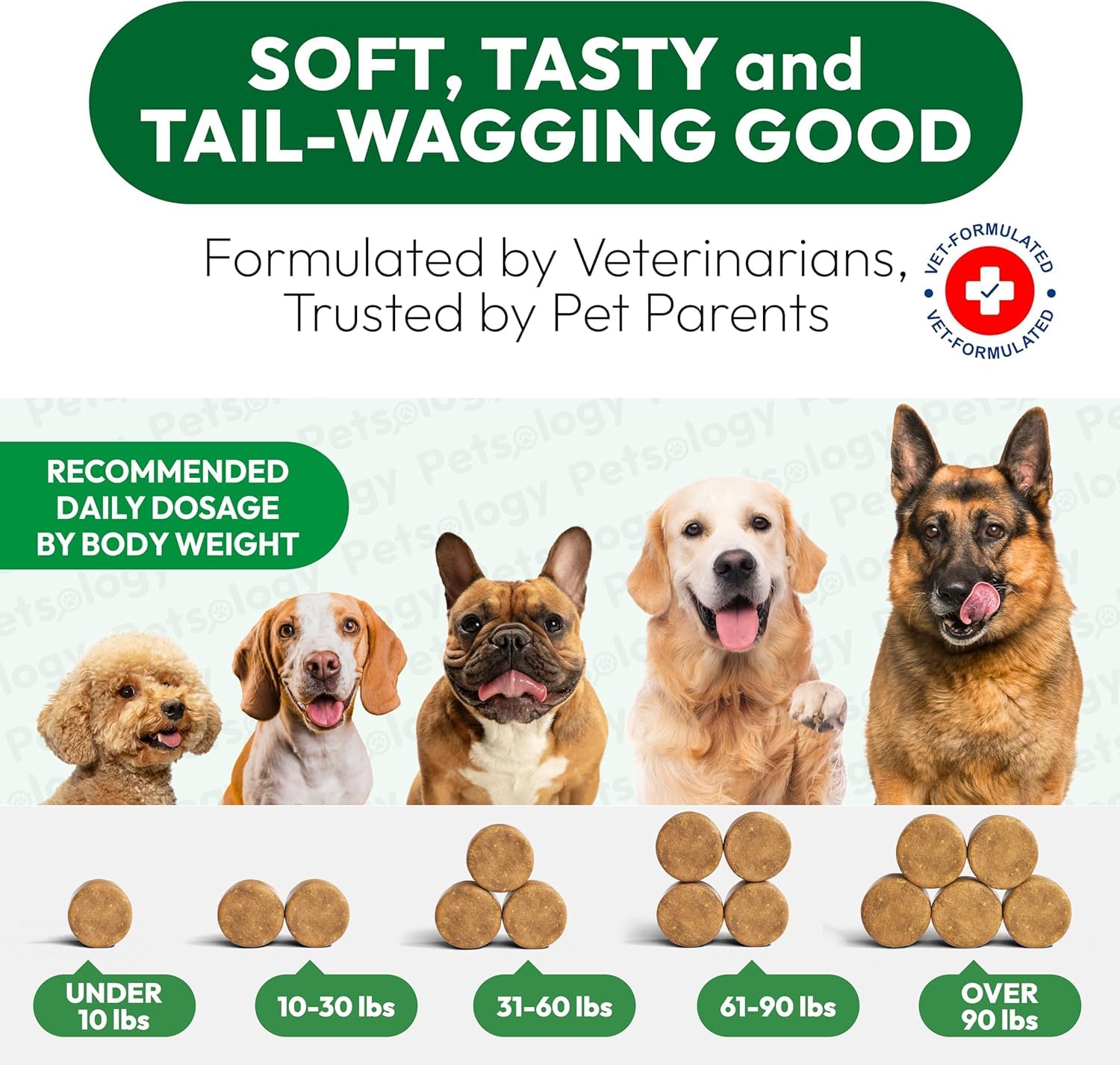 Petsology packaged dog chews close-up with serving details for daily use.