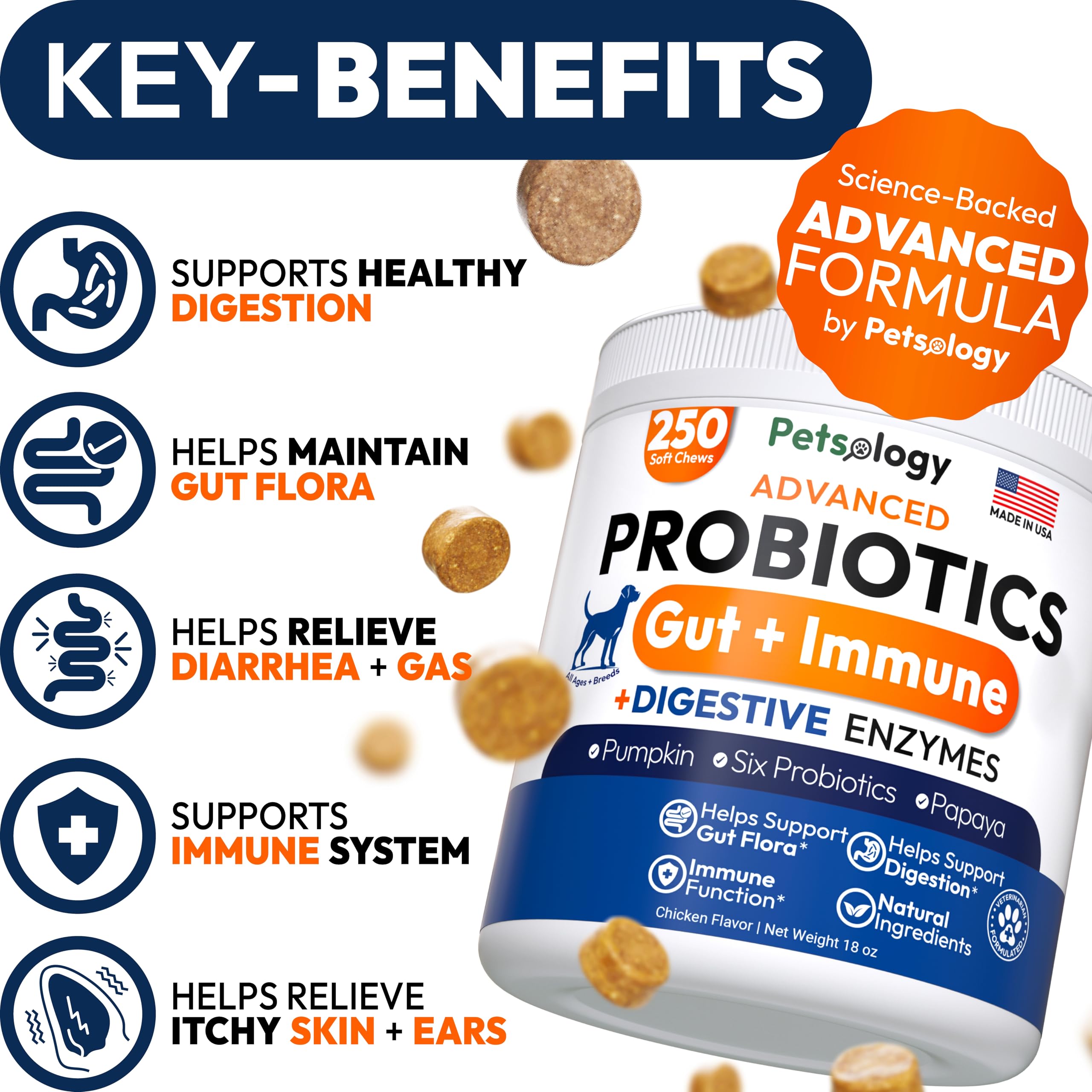 Petsology Probiotics for Dogs chew texture closeup showcases premium ingredients for gut health.