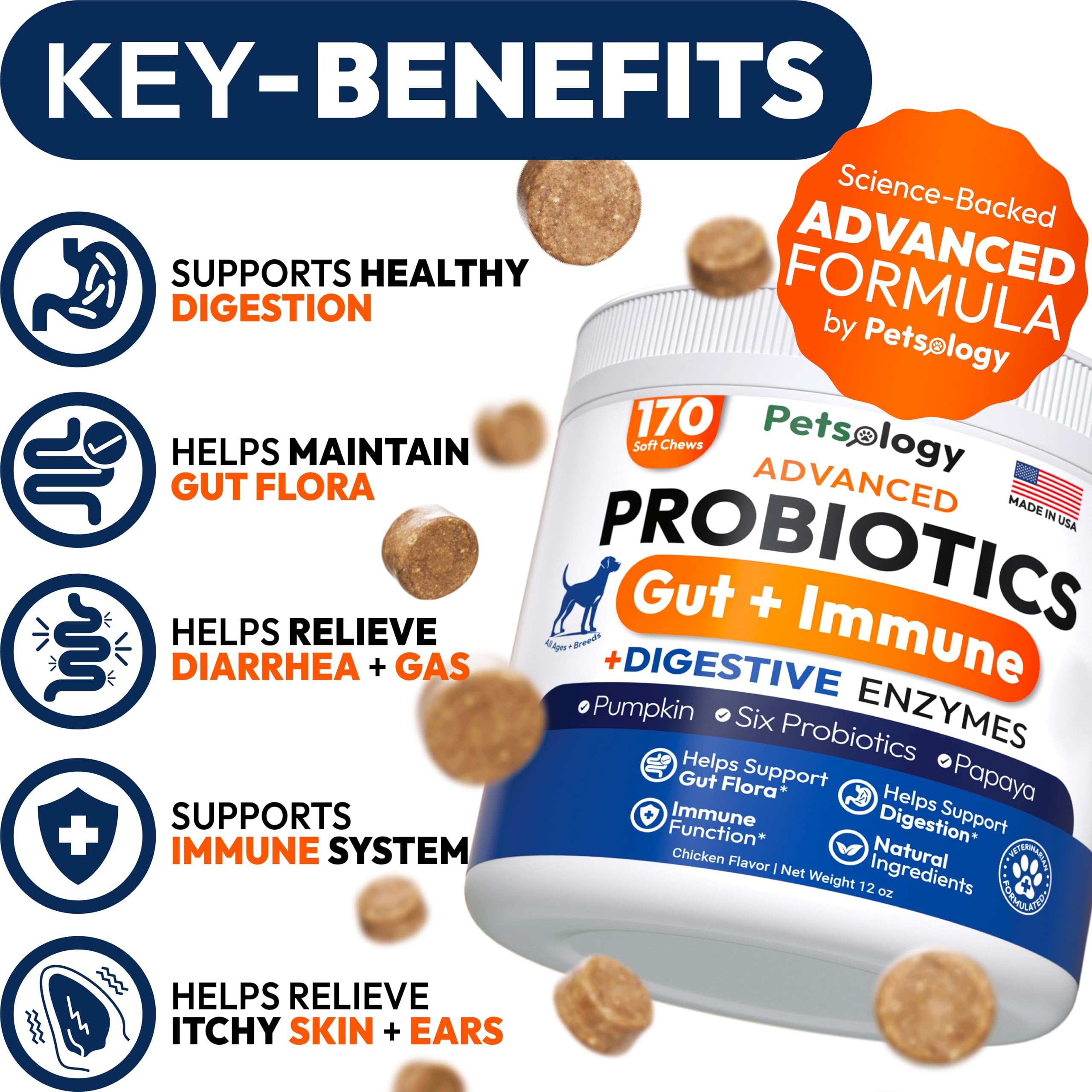 Petsology Probiotics for Dogs chews serving from bottle enables easy daily digestion support.