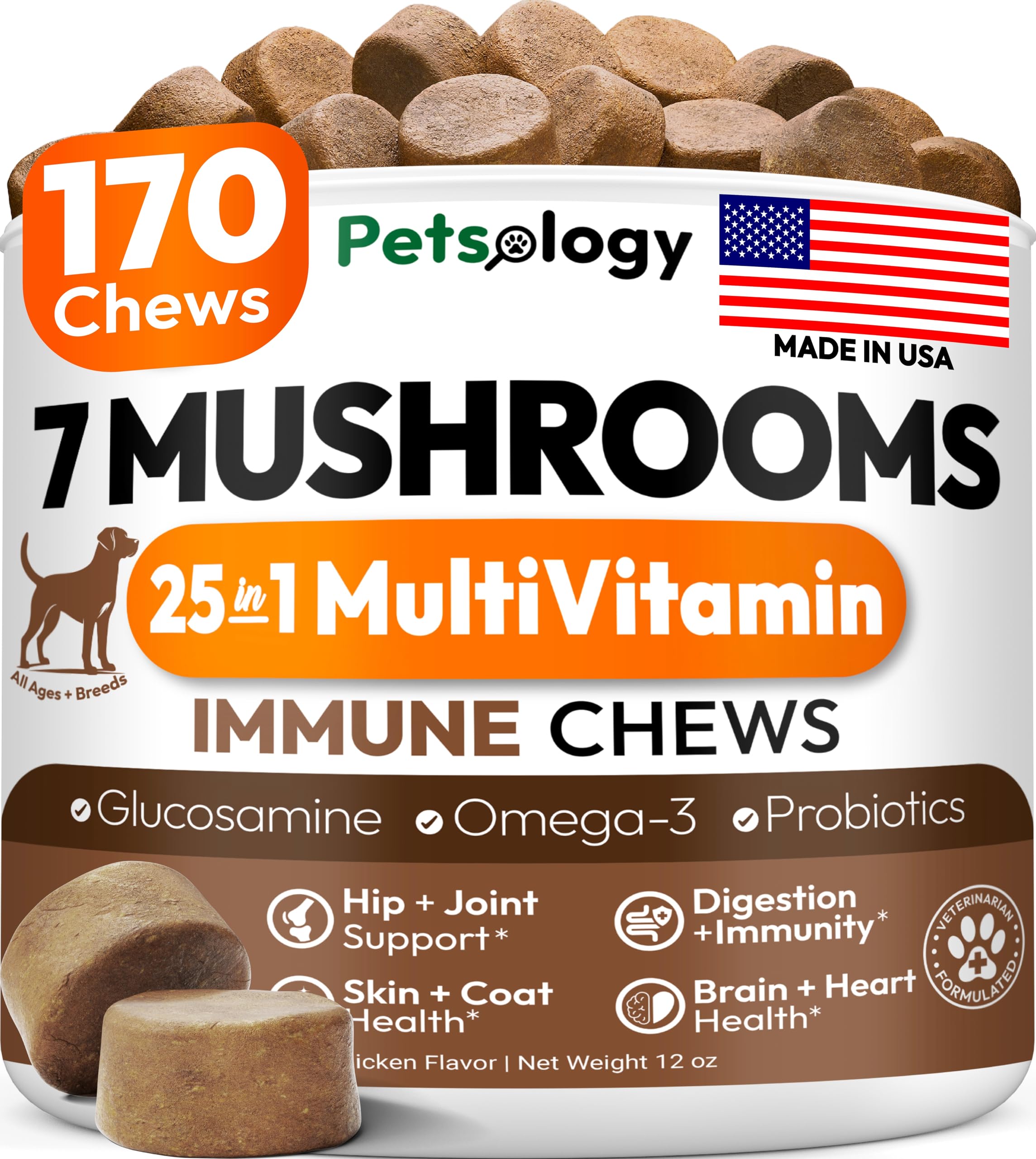 Petsology Turkey Tail dog chews jar supports immune health and vitality.