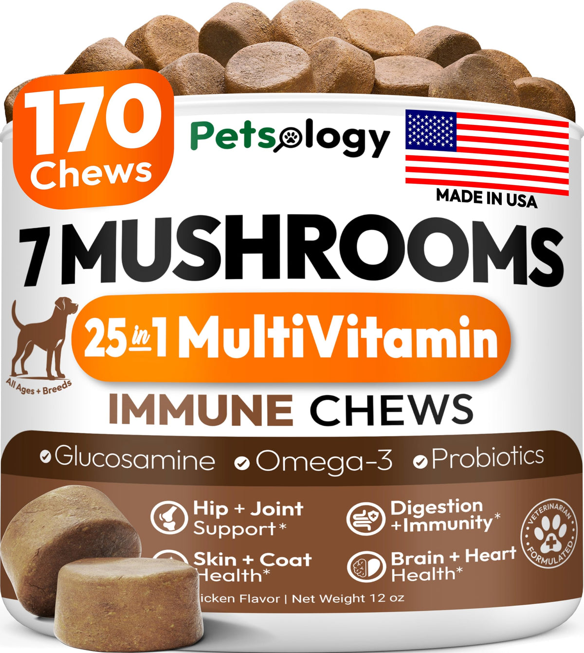 Petsology Turkey Tail dog chews jar supports immune health and vitality.