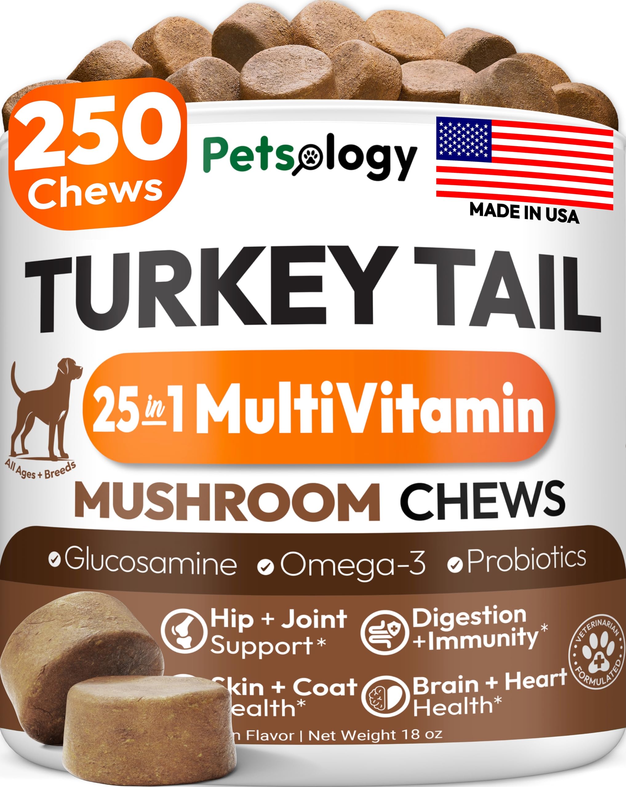 Petsology Turkey Tail dog supplement bottle highlighting immune support.