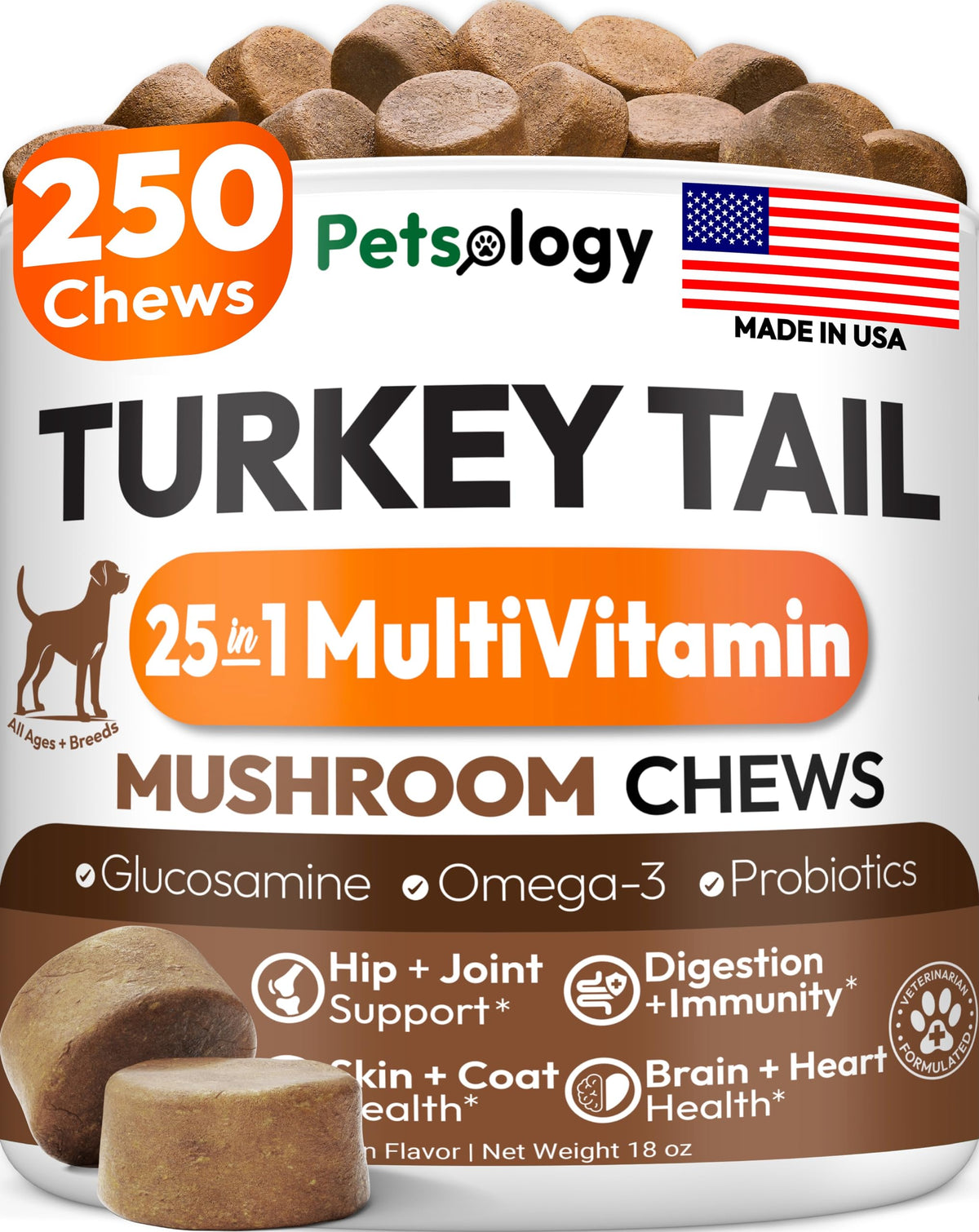 Petsology Turkey Tail dog supplement bottle highlighting immune support.