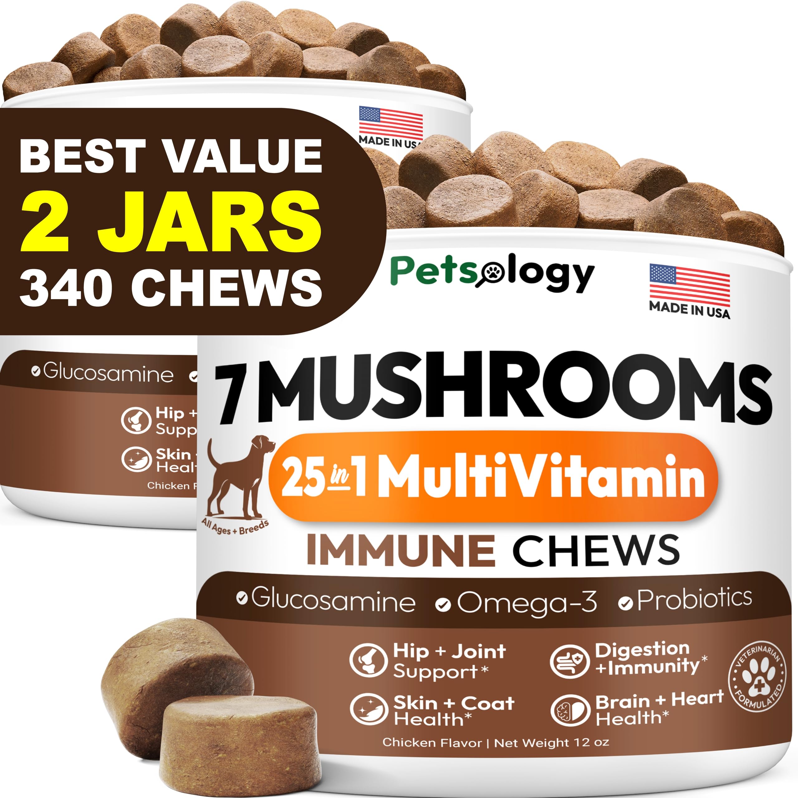 Petsology turkey tail dogs chews packaging highlights immune support and trust.