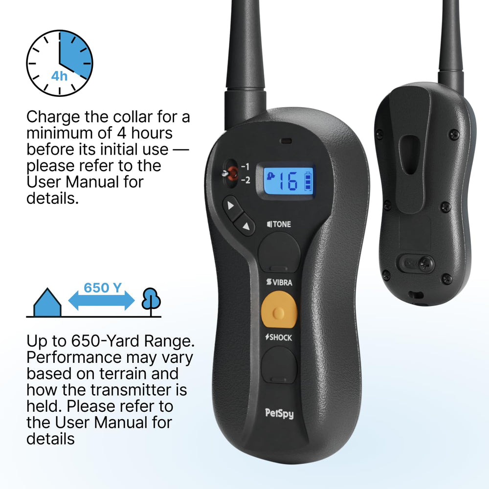 PetSpy collar interface highlighting 16-level vibration control