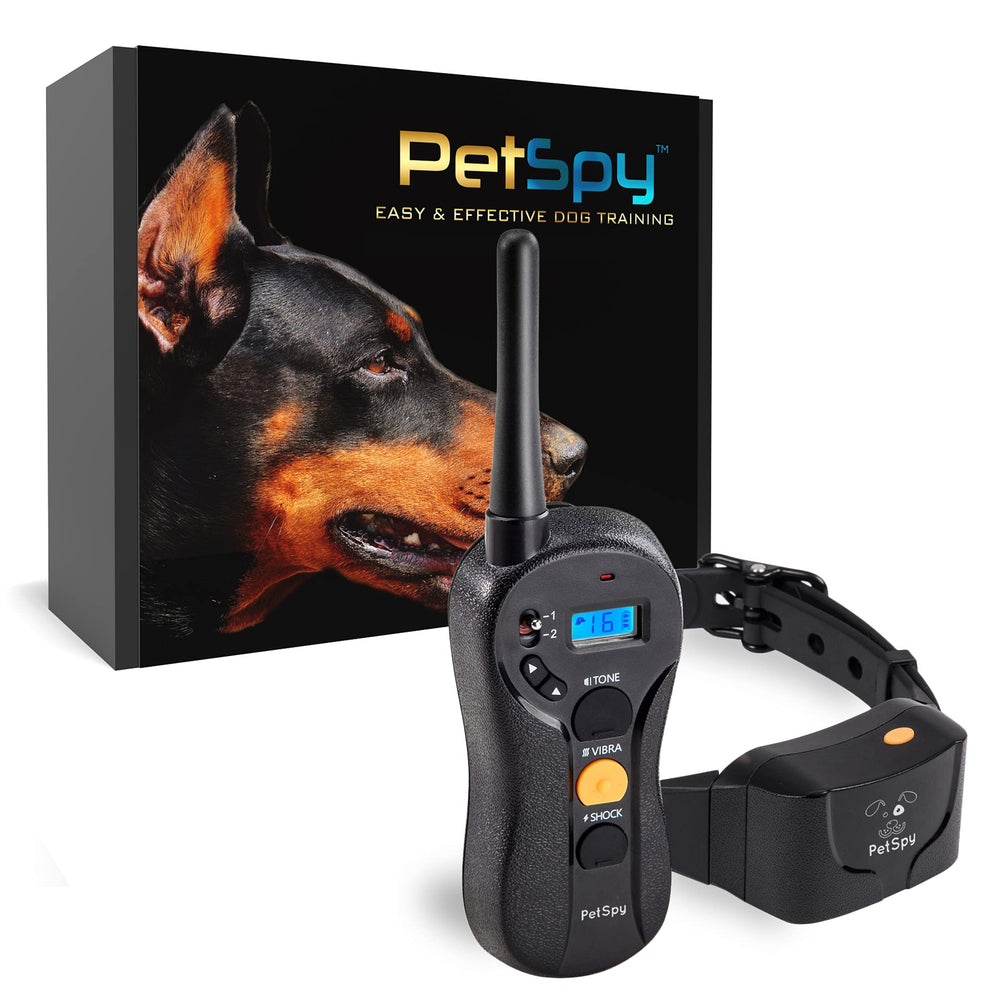 PetSpy waterproof remote training collar shown for outdoor use with long-range capability
