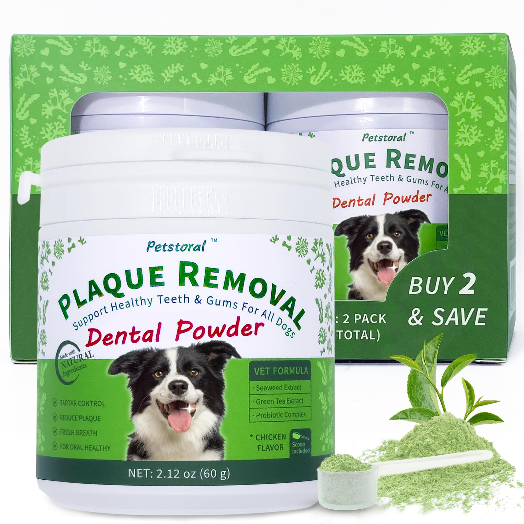 Petstoral dental powder tub and scoop for quick home dental care.