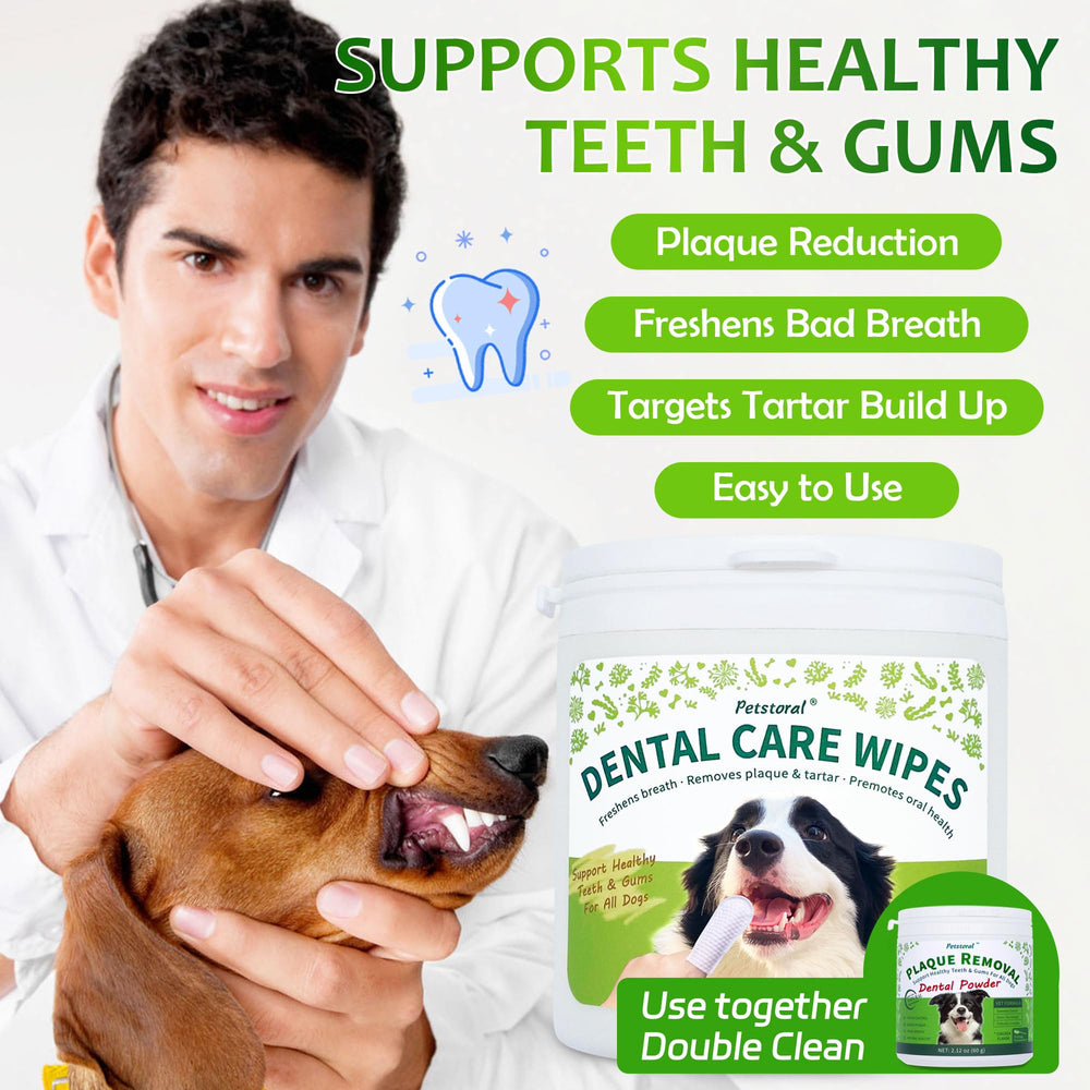 Petstoral dental wipes used on dogs for gentle plaque control during cleaning.
