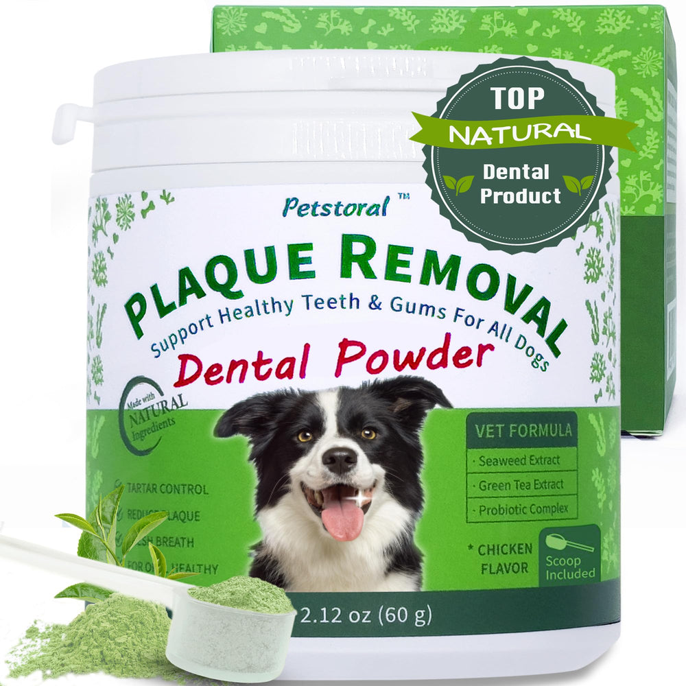 Petstoral dog dental powder bottle promotes daily dental care