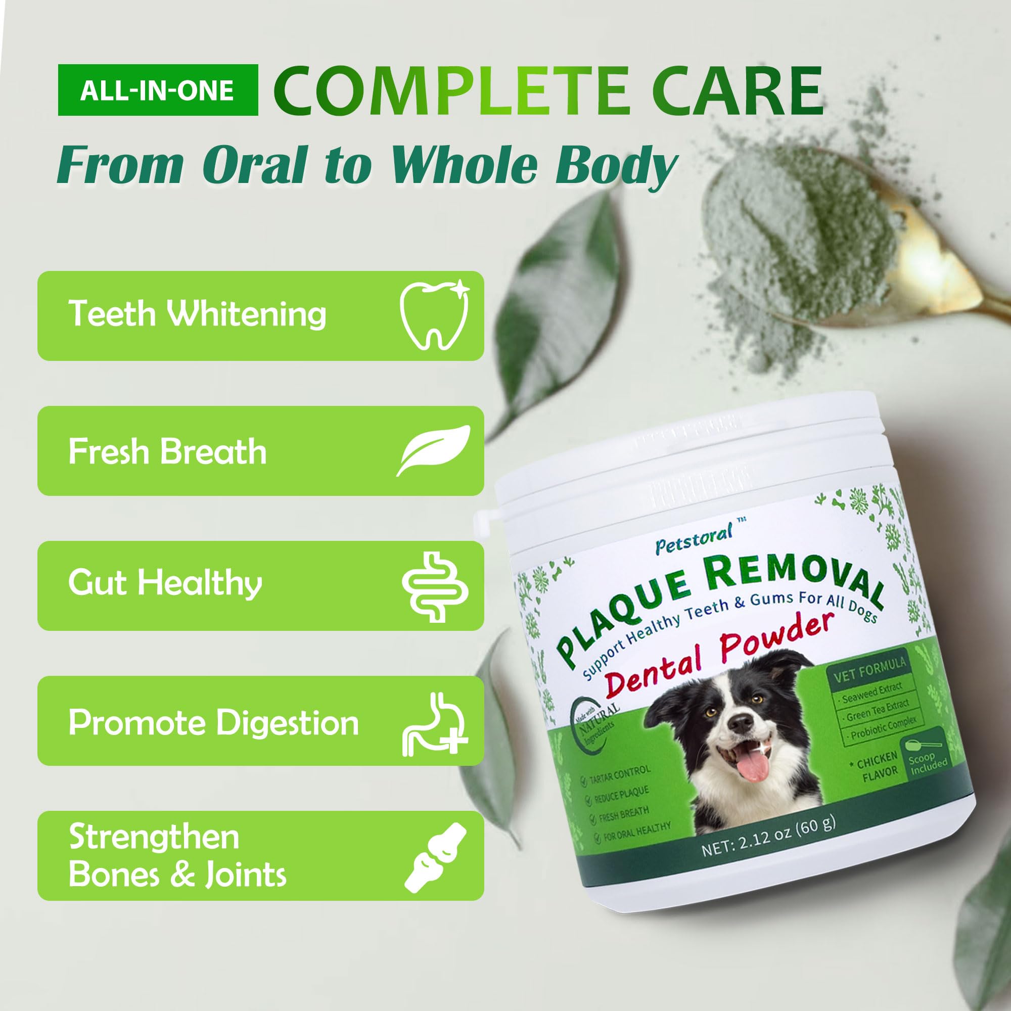 Petstoral pour-dog dental powder shows easy mix-in for meals