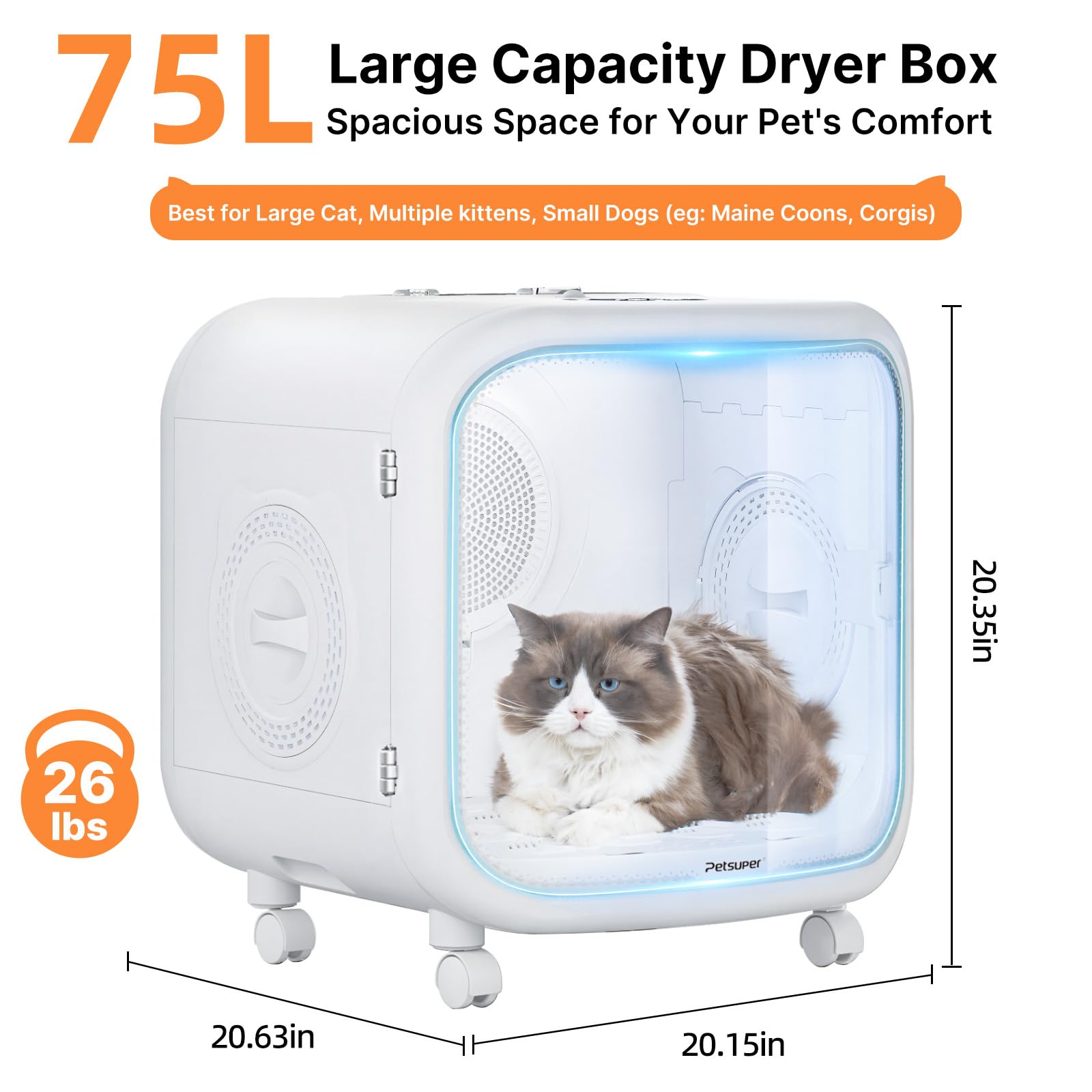 Petsuper 75L interior view shows 16 bottom vents and cocoon airflow for even drying